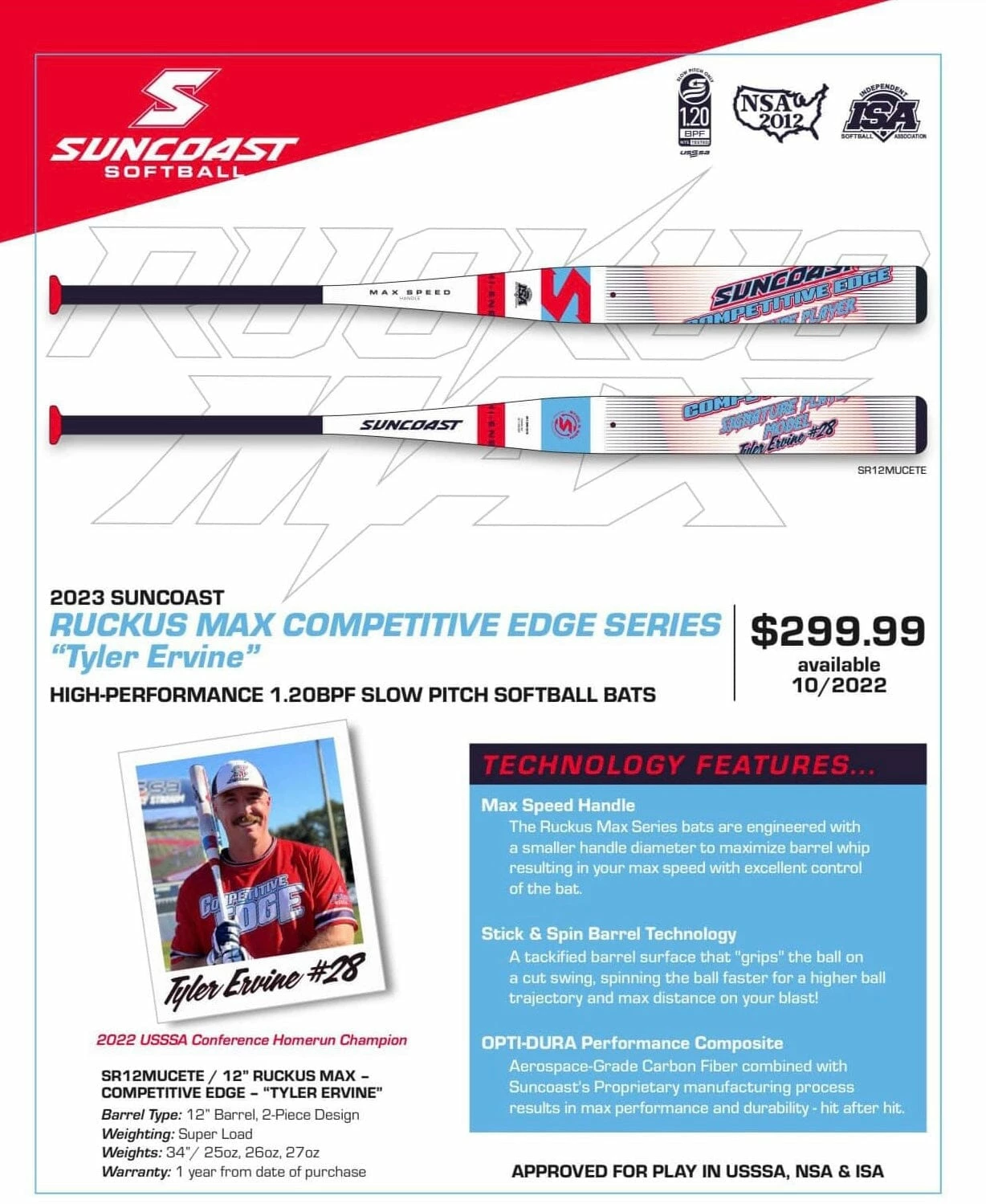 2023 Suncoast Ruckus Super Max Competitive Edge 12" Tyler Ervine USSSA Slowpitch Softball Bat - Image 2